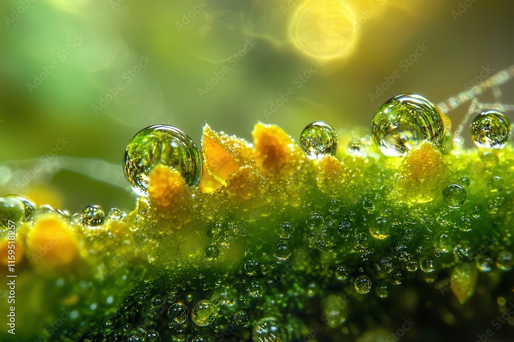 Poster dew drops glisten on a spider web in a forest illuminated by morning light. generative ai