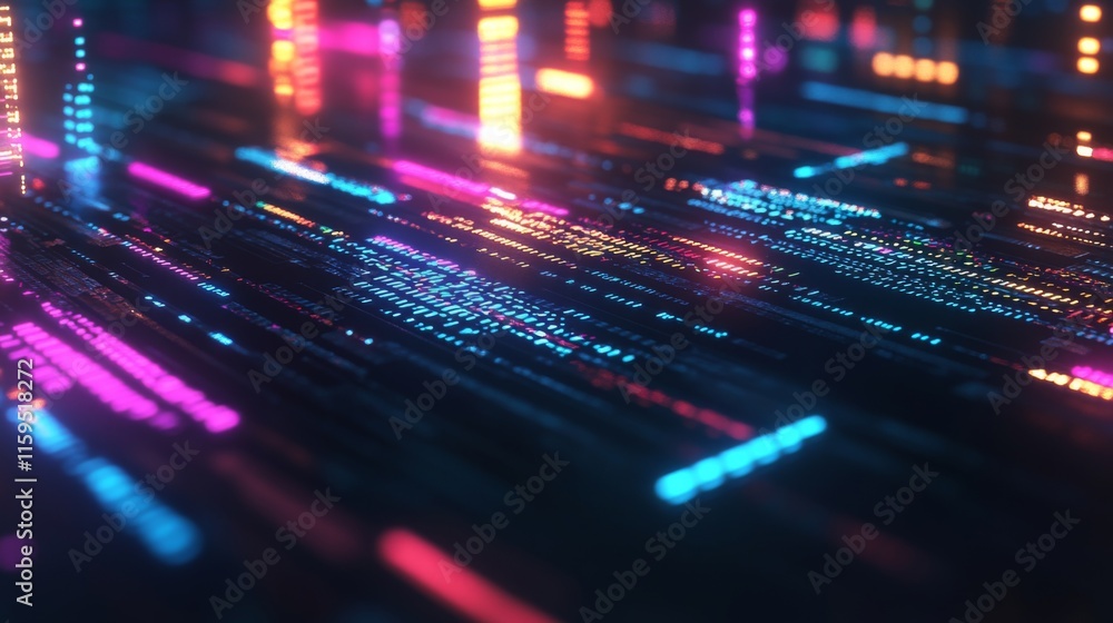 Poster vibrant futuristic data stream with colorful lights and glowing textures reflecting in a digital lan