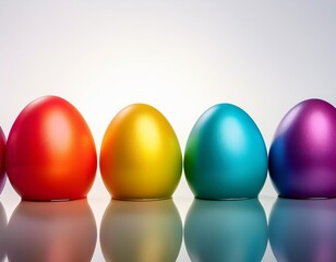Naklejka premium Row of colorful eggs are lined up on a table. The eggs are of different colors, including red, yellow, green, blue, and purple
