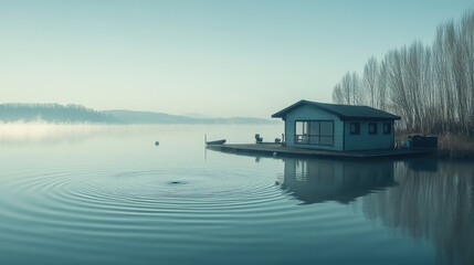 Obraz premium Lakeside Cabin Reflecting In Calm Misty Water