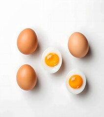 Three whole eggs and two halved soft boiled eggs