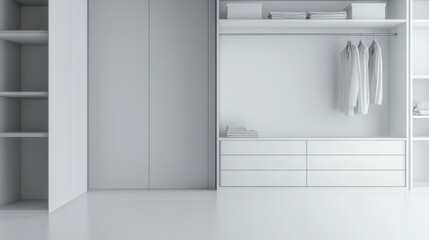 Fototapeta premium Elegant minimalist walk-in closet with minimal decor. Featuring a clean, open design with sleek lines