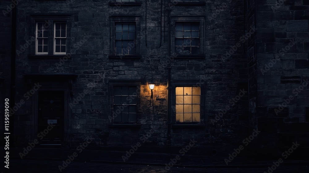 Aufkleber Mysterious cityscape at night with faint glow from a single illuminated window. Generative AI