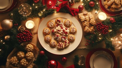 Christmas dinner table decorated with festive cookies, ornaments, and candles