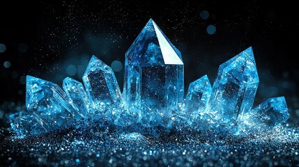   A cluster of blue gemstones resting atop a mound of sparkling blue glitter upon a dark background