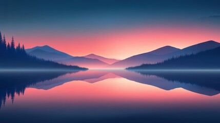 Calm lake reflecting serene mountains during twilight hours at a peaceful location