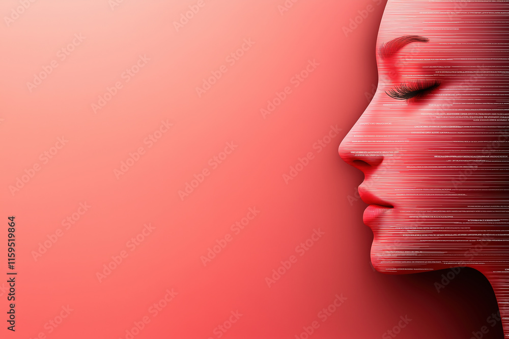 Poster digital art featuring a woman's profile with a modern red background and abstract lines