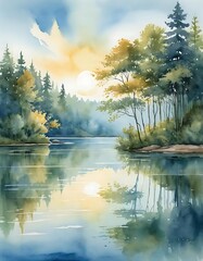 Serene Watercolor Landscape Of Trees And Calm Lake