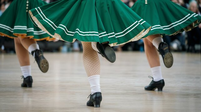 Irish folk dancers performing in traditional green skirts with black shoes and white socks