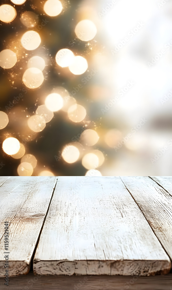 Poster white rustic table with bokeh christmas lights in the background, front view, providing an empty sur