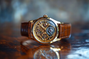 Luxury wristwatch featuring a golden frame with intricate mechanical details and a stylish brown leather strap. Generative AI