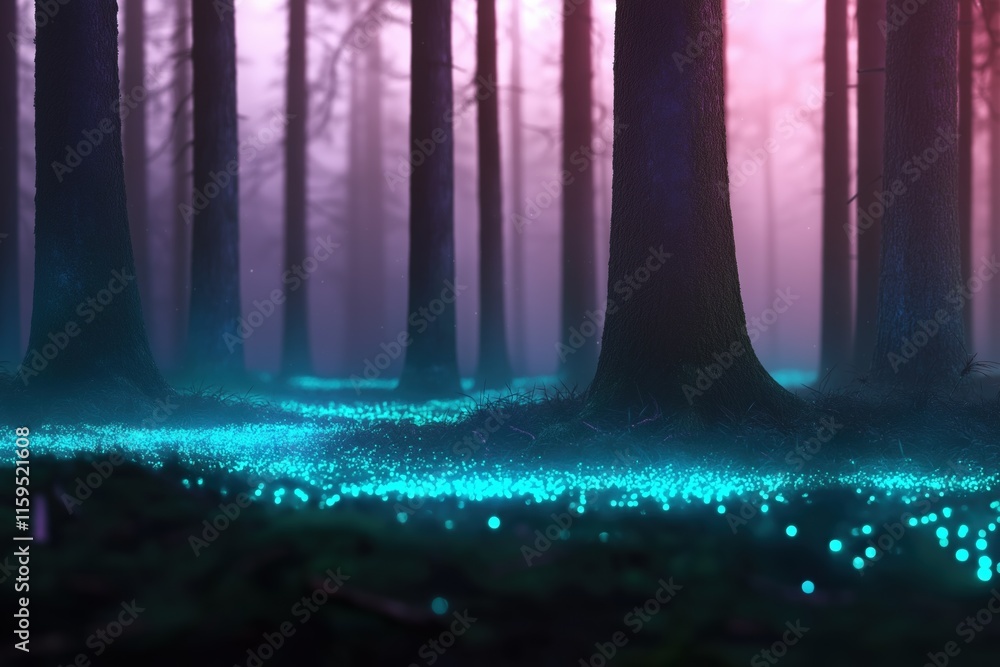 Poster a forest with trees that are glowing blue. the forest is lit up with blue lights, creating a serene 