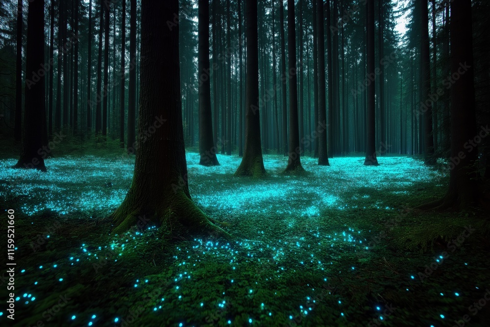 Poster a forest with glowing trees and grass. the idea of the image is to capture the beauty of nature and 