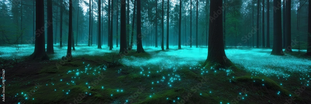 Poster a forest with a blue sky and glowing trees. the trees are illuminated with a blue light, creating a 