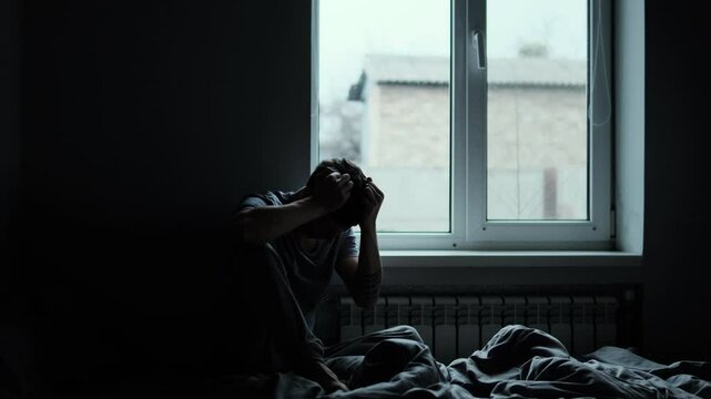 Silhouette of a young man sitting on a bed near a window in deep emotional distress, struggling with depression and needing psychological help. The guy is holding his head feeling the pressure