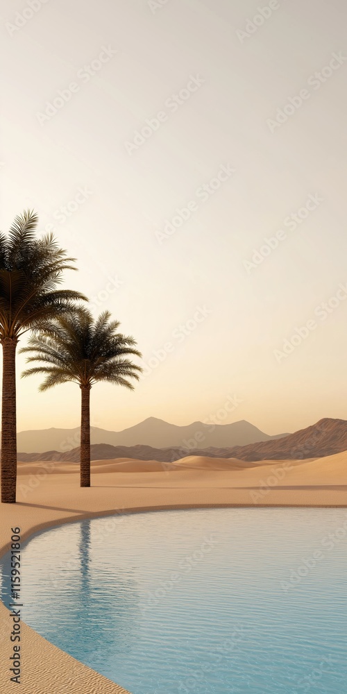 Poster a tranquil desert landscape with a small pool of water and two palm trees. the pool is surrounded by