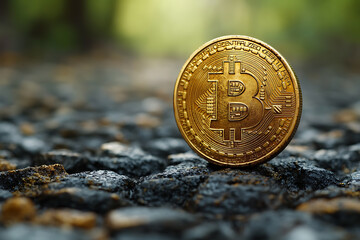 A detailed image of a Bitcoin, showcasing its iconic gold coin design, featuring the Bitcoin symbol