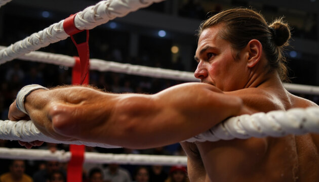 Muscular boxer resting in boxing ring corner, evening concentration
