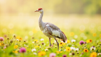 Fototapeta premium Graceful crane standing in vibrant wildflowers at sunrise, natural beauty