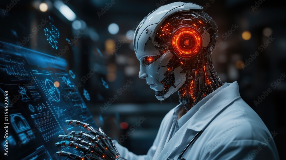 Poster futuristic cyborg analyzing data on holographic screen in high-tech lab