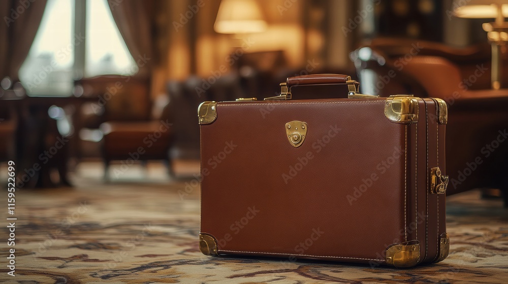 Poster luxurious leather suitcase with golden hardware in upscale hotel lobby at dusk. generative ai