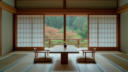 A serene interior of a Japanese room with a view of nature, embodying tranquility and harmony.