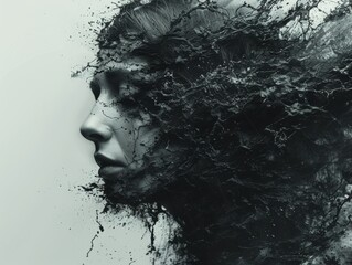 Dark Abstract Female Portrait Anxiety Fear Despair Monochrome 8K