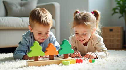 Cheerful children lying on soft carpet, engaging with colorful wooden building blocks in warm home setting, supporting sustainable playtime