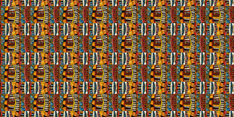 Abstract African art shapes seamless backgrounds, tribal geometric decoration patterns. Colored flat boho symbols illustrations