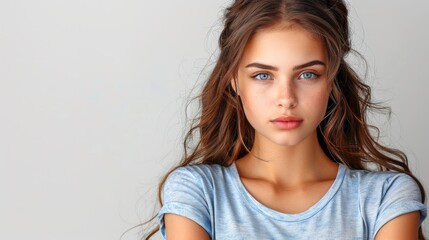 Fototapeta premium Young woman with long hair wearing a casual shirt poses against a light background