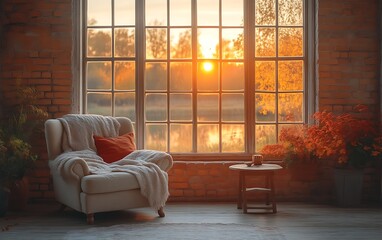 Cozy autumn sunrise view from armchair.