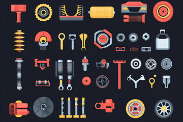 A comprehensive set of car part icons, drawn in a sleek, minimalist style, ideal for use in automotive graphics and design projects, offering clarity and simplicity in illustrations.