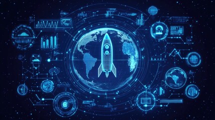 Obraz premium Futuristic digital globe with technology icons and rocket in space