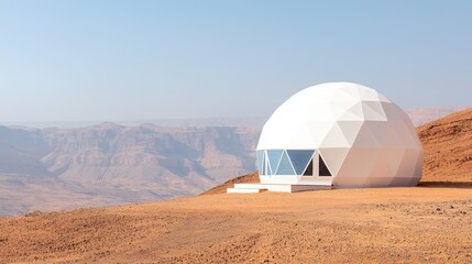Geodesic dome structure in a desert landscape showcasing modern architecture against a serene backdrop.
