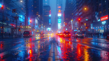 Obraz premium Rainy City Night Urban Street Scene Vivid Lights Reflections