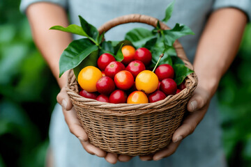 Harvesting Vibrant Coffee Cherries in a Lush Plantation Surrounded by Natural Beauty