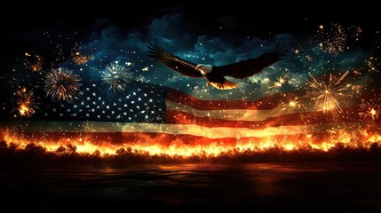 Majestic bald eagle soaring over fiery american flag with fireworks display Happy 4th of July, Independence Day USA