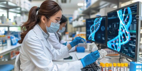Scientist analyzing DNA sequences in modern laboratory setting