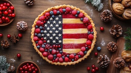 Fototapeta premium American flag pie with berries and pastry stars on wooden table Happy 4th of July, Independence Day USA