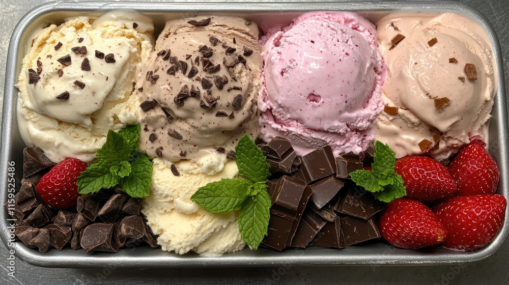 Aufkleber assorted ice cream tray with raspberry and mint garnish