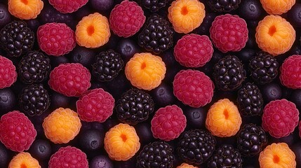   Raspberries, blackberries, and oranges arranged in a pattern on a black surface