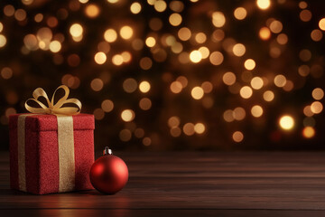Festive red gift box with gold ribbon beside a shiny ornament on wooden surface