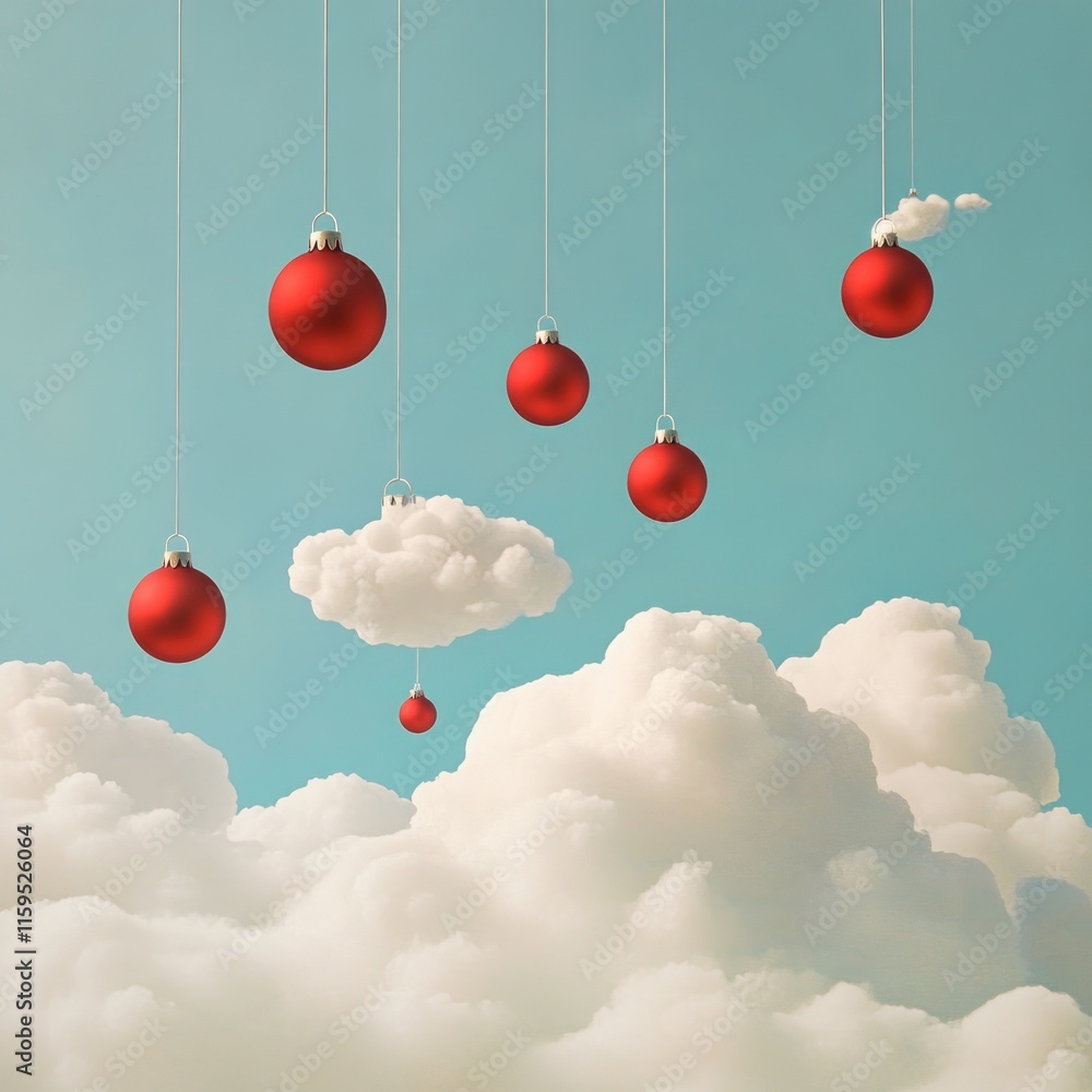 Poster red ornaments hang from strings above fluffy clouds against a blue sky.