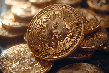 A detailed image of a Bitcoin, showcasing its iconic gold coin design, featuring the Bitcoin symbol