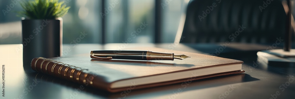 Poster Luxury fountain pen with gold accents resting on a premium leather notebook in a modern workspace setting during daylight. Generative AI