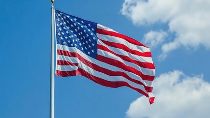 Obraz premium American flag waving against blue sky with white clouds Happy 4th of July, Independence Day USA