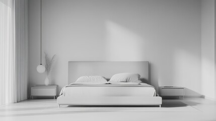 Modern minimalist bedroom arrangement with minimal decor. Featuring a clean, open design with sleek lines