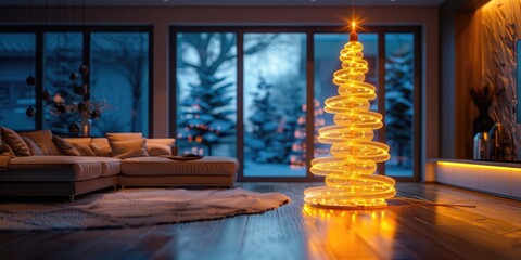 Obraz premium Modern minimalist Christmas tree illuminated in a stylish living room setting