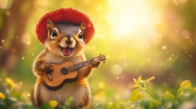 Cheerful squirrel playing ukulele with red hat in sunlit garden Happy Cinco de mayo