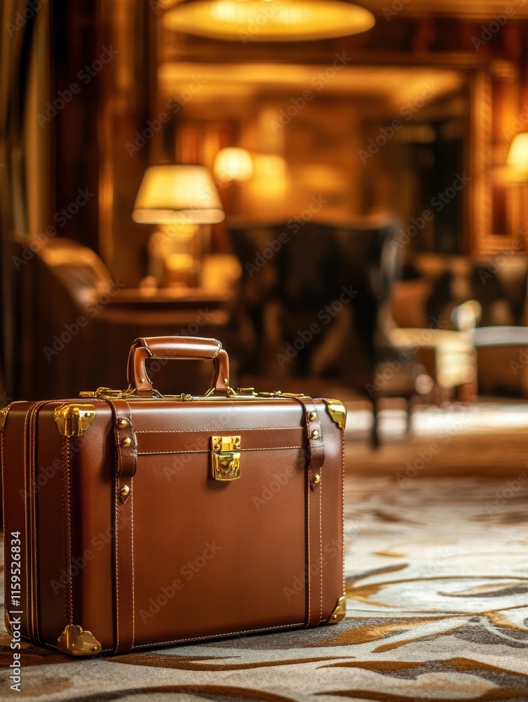 Poster luxurious leather suitcase with golden hardware in an elegant hotel lobby during evening hours. gene